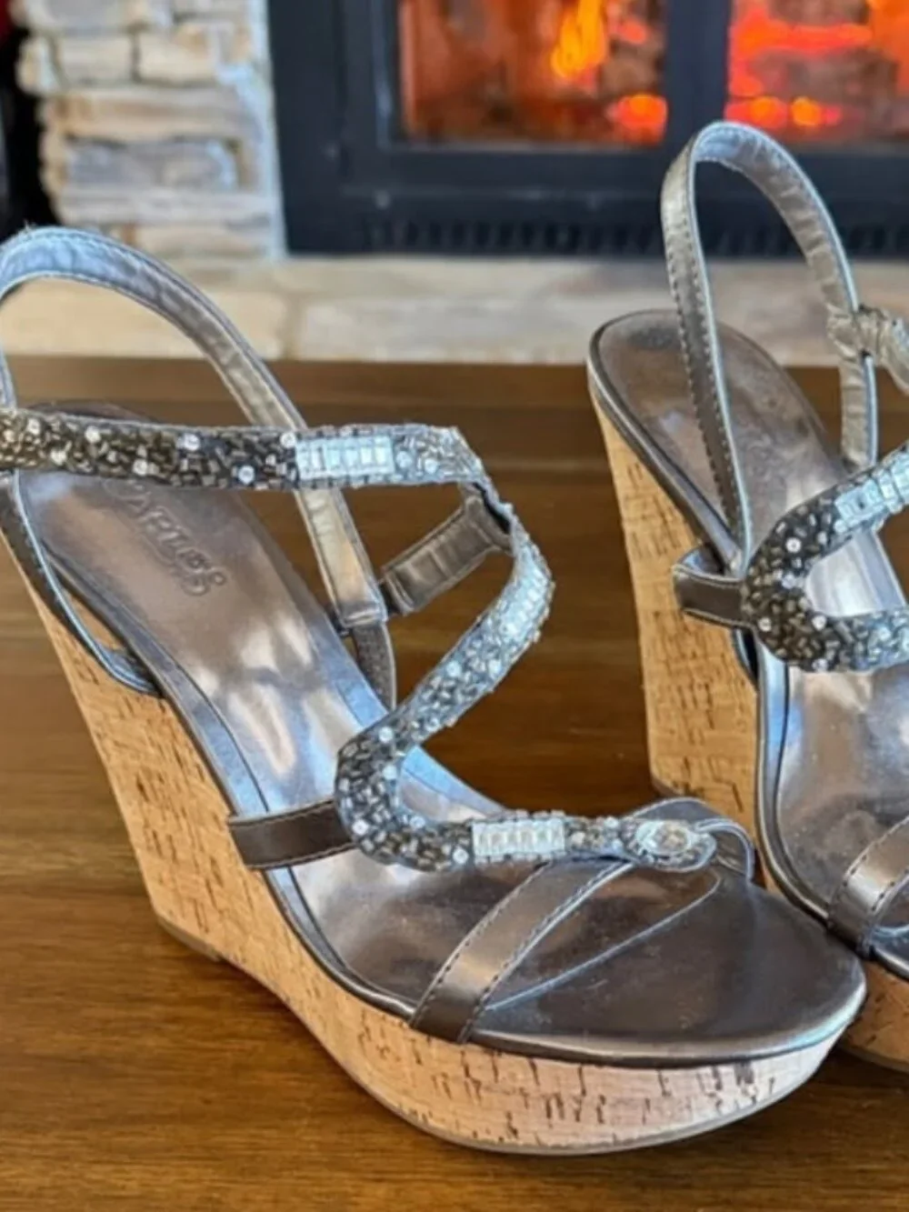 Carlos  by  Carlos Santana I Olympia Silver Rhinestone Wedge Sandals Sz 8 W/Box